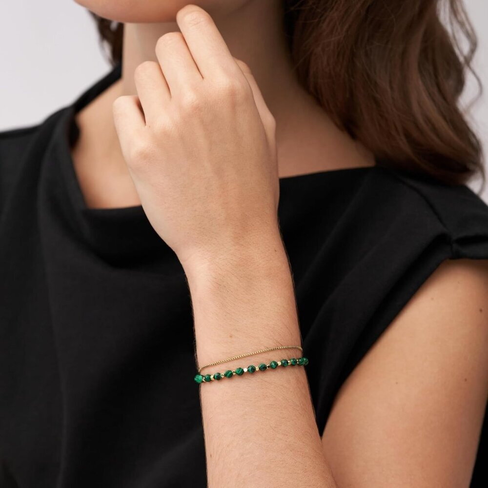 Women's Gold Stainless Steel Malachite Beaded Bracelet Elegant Jewelry - Picture 5 of 7